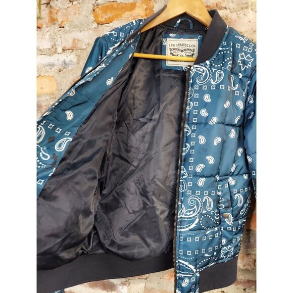 Levi's Blue Bandana Water Resistant Mens Sz S Small Puffer Bomber Jacket Coat D - Picture 2 of 4